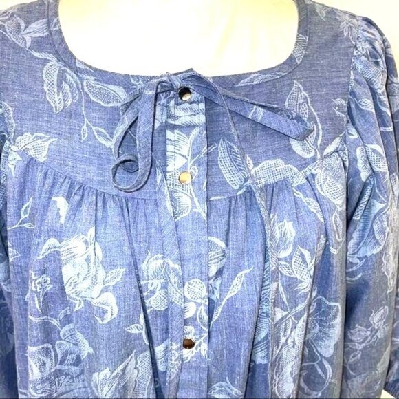 Models Coat Lounge Dress Size 12 Womens Tiered Blue Chambray Floral Poly Blend - Picture 5 of 12